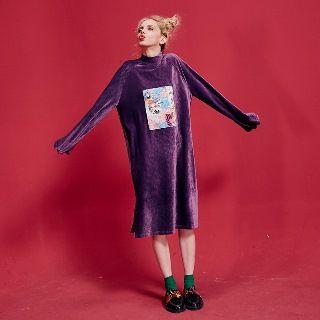 Long-sleeve Mock Collar Applique Dress