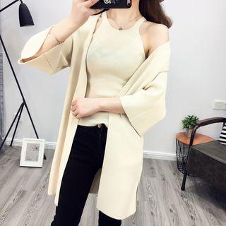 Set: Ribbed Bell 3/4 Sleeve Cardigan + Halter Camisole Top