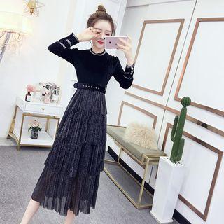 Long-sleeve Velvet Panel Midi A-line Tiered Mesh Dress