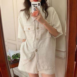 Set: Elbow-sleeve Shirt Jacket + Shorts White - One Size