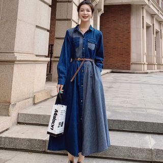 Long Sleeve Color Block Denim Midi Shirtdress