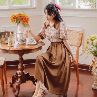 Set: Puff-sleeve Check Blouse + Midi A-line Skirt