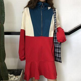 Stand Collar Color Block Mini Pullover Dress