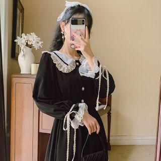 Flared-cuff Lace Trim A-line Dress