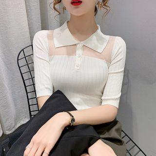Short-sleeve Mesh Panel Polo Knit Top