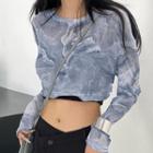 Long-sleeve Tie-dyed Crop T-shirt Blue - One Size