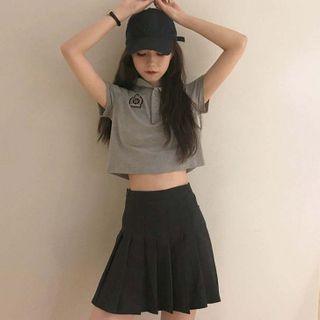 Set: Short Sleeve Cropped Polo Shirt + Pleated Mini A-line Skirt