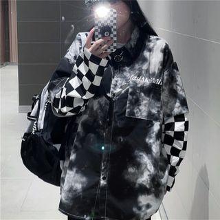 Checkered Panel Tie-dyed Mock Two Piece Shirt