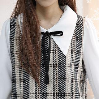 Detachable-ribbon Inset Shirt Herringbone Shift Dress