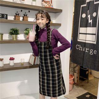 Mock Turtleneck Embroidered Long-sleeve Top / Midi Plaid Jumper Dress