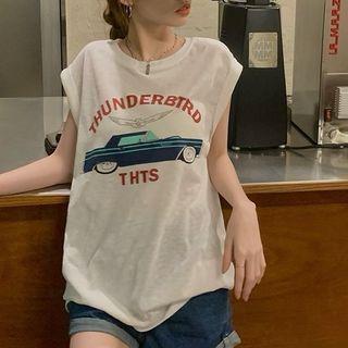 Sleeveless Print T-shirt Car - White - One Size