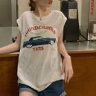 Sleeveless Print T-shirt Car - White - One Size