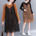 Set: Long-sleeve T-shirt + Spaghetti Strap Lace Dress