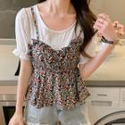 Short-sleeve Mock Two-piece Floral Print Top