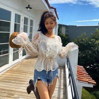 Puff-sleeve Drawstring Lace Blouse Cream - One Size