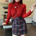 Turtleneck Heart Cutout Sweater / Plaid Pencil Skirt / Set