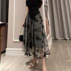 High-waist Embroidered Butterfly Mesh Medium Maxi A-line Skirt As Shown In Figure - One Size