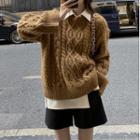 Long Sleeve Plain Shirt / Plain Cable Knit Sweater / Set