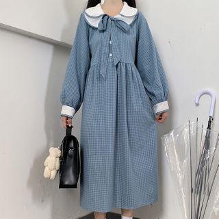 Puff-sleeve Plaid Midi A-line Dress Blue - One Size