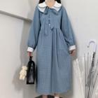 Puff-sleeve Plaid Midi A-line Dress Blue - One Size