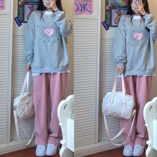 Heart Embroidery Hoodie / Corduroy Pants