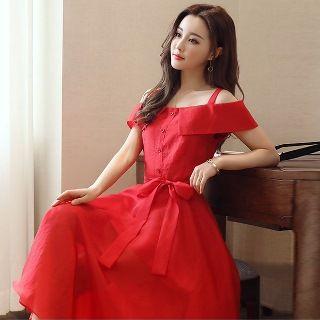 Off-shoulder Tie-waist Midi Dress
