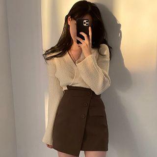 V-neck Sweater / Irregular Mini Pencil Skirt
