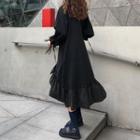 Lace-up Long-sleeve A-line Dress Black - One Size