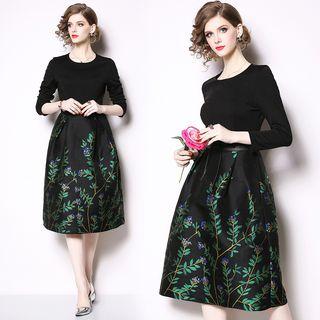 3/4-sleeve Floral Floral A-line Midi Dress