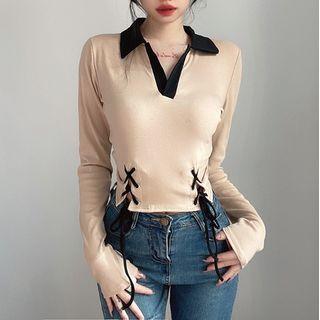 Long-sleeve Collar Lace-up Top Nude - M