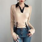 Long-sleeve Collar Lace-up Top Nude - M
