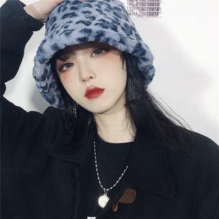 Leopard Print Fleece Bucket Hat Grayish Blue - One Size