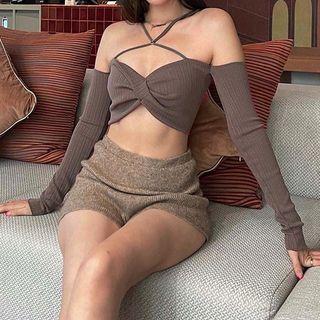Long Sleeve Halter Neck Cutout Crop Top