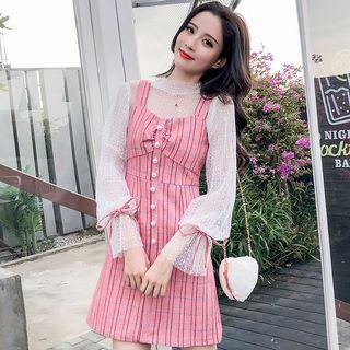 Set: Mock-neck Mesh Long-sleeve Top + Plaid Pinafore Dress