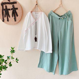 Knot Button Long-sleeve Top / Wide Leg Pants