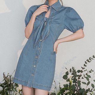 Short-sleeve Tie-front Denim Mini A-line Dress