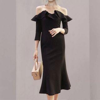Long-sleeve Ruffled Cold Shoulder Midi Mermaid Dress