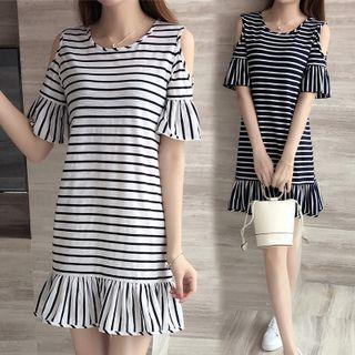 Striped Cold-shoulder Short-sleeve Dress