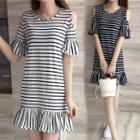 Striped Cold-shoulder Short-sleeve Dress