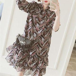 Patterned Ruffle Hem Long Sleeve Dress