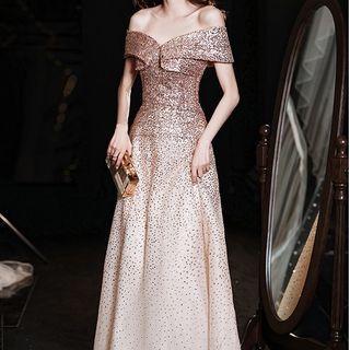 Off Shoulder Sequin A-line Gown