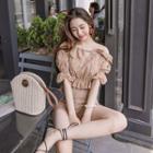 Set: Tie-front Perforated Top + Fringed-hem Shorts