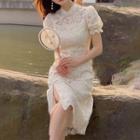 Puff-sleeve Lace Slit A-line Qipao Dress (various Designs)