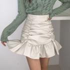Frilled-hem Ruched Mini Pleather Skirt