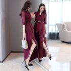 Set: Elbow Sleeve Open Front Jacket + Slit-hem Wide-leg Pants