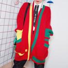 Color Block Open Front Long Cardigan Red - One Size
