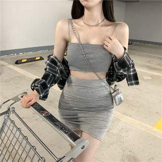 Cropped Plaid Shirt Jacket / Cropped Camisole Top / Mini Fitted Skirt