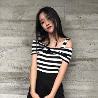 Set: Camisole Top + Ribbed Off-shoulder Short-sleeve Top