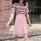 Set: Stripe Short-sleeve Knit Sweater + Mini Skirt