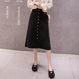 Ruffled Sweater / Midi Buttoned A-line Knit Skirt / Set